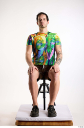 Whole Body Man White Casual Shorts Average Parrot Sitting Studio photo references